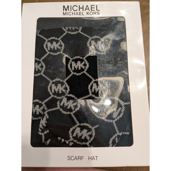 NEW Michael Kors Black Gray Logo Print Winter Beanie Hat Scarf Set Acrylic Knit - Picture 4 of 6